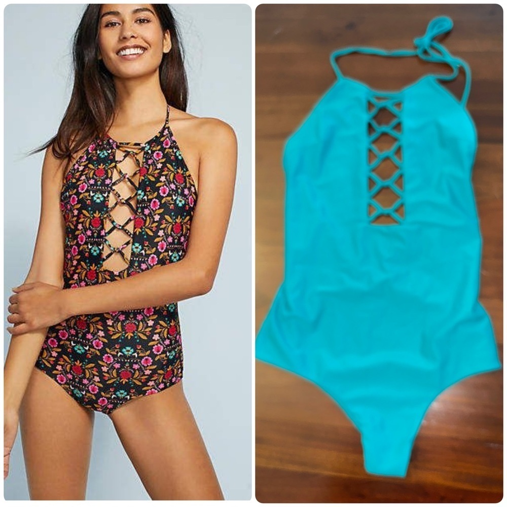Citrine Swim Anthropologie Lace-Up Hibiscus One-Piece Swimsuit